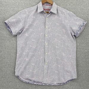 Robert Graham Short Sleeve Button-Down Shirt in White and Blue with Pink Accents